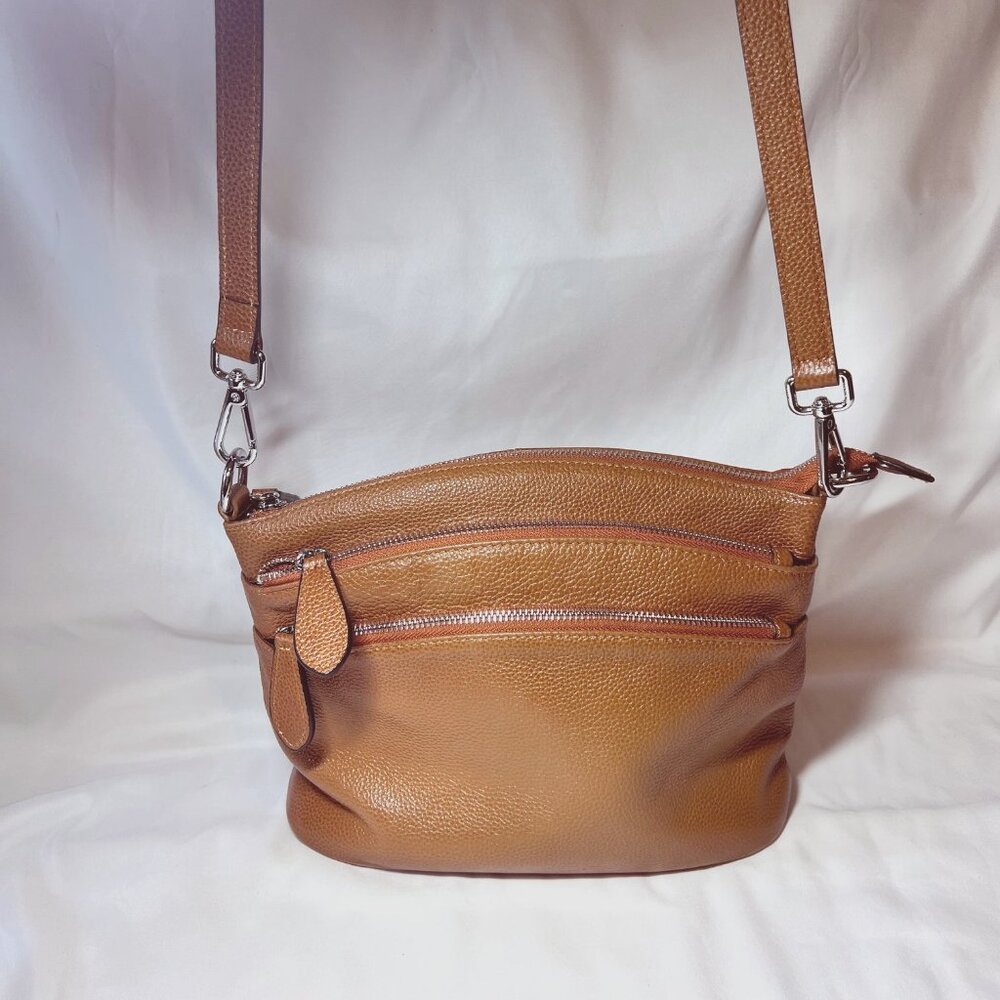 Heshe Shoulder/Crossbody Purse/Satchel-Leather-Multi Pockets-Adj. Strap-Camel